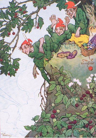 Ett äventyr på klippan, från My Magazine, pub.1922 (färg litho) av C. E. B. Bernard