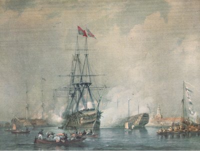 H M S Victory avfyrar en kunglig salut vid Portsmouth Harbour, från British Adventure publicerad av Collins, 1947 av C. J. M. Whichello