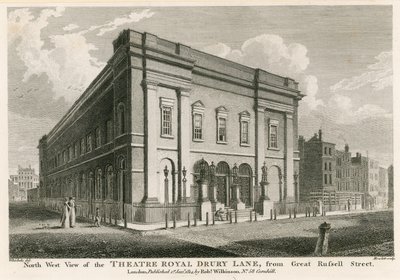Västerläge av Theatre Royal, Drury Lane, London, från Great Russell Street av C. John Mayle Whichelo