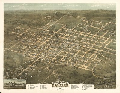 Fågelperspektiv över staden Raleigh, North Carolina 1872. av C. N. Drie