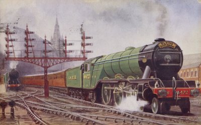 London and North Eastern Railway Flying Scotsman-tåg som lämnar Kings Cross Station, London. av C. T. Howard