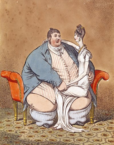 Fat and Lean - Daniel Lambert kontrasterade mot en smal kvinna som satt på sitt knä, 1806 av C. Williams