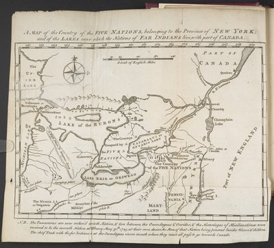 En karta över de fem nationernas land, tillhörande provinsen New York; och av sjöarna nära vilka nationerna av fjärrindianer bor, med en del av Kanada av Cadwallader Colden