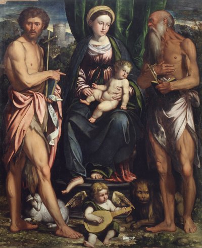 Madonna och barn med St. Johannes Döparen och St. Hieronymus av Callisto Piazza