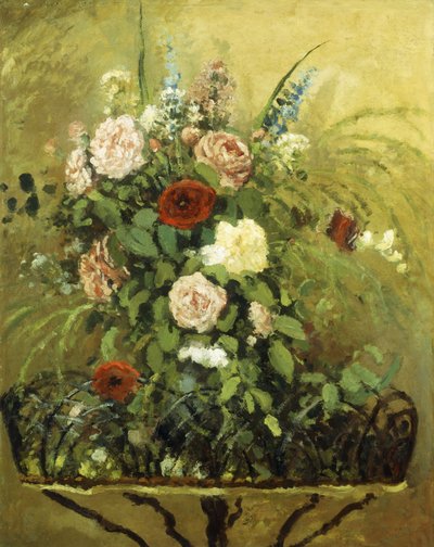 Bukett av blommor med en rustik trä Jardiniere; Bukett av blommor, med rustik trä plantering, c.1876 av Camille Jacob Pissarro