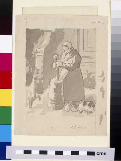 Kompositionsstudie av en kvinnlig bonde som tillverkar smör (grå tvätt & kinesisk vit över svart krita på papper) av Camille Jacob Pissarro