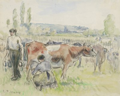 Kompositionsstudie av en mjölkningsscen i Eragny-sur-Epte, 1884 (akvarell över svart krita) av Camille Jacob Pissarro