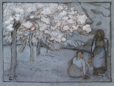 Kompositionsstudie av två kvinnliga bönder som samtalar i en fruktträdgård, ca. 1894 (rödbrunt och indiskt bläck över kol förstärkt med kroppsfärg på blått papper) av Camille Jacob Pissarro