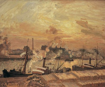 Lossning av ved, Quai de la Bourse, solnedgång, 1898. av Camille Jacob Pissarro