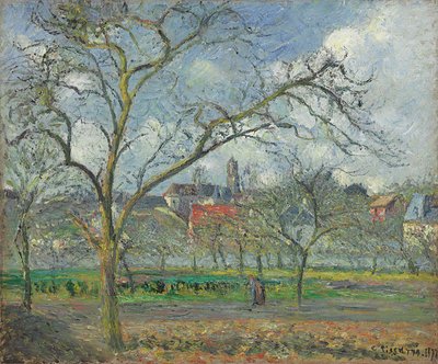 Fruktträdgård vid Saint-Ouen-l"Aumone på vintern; fruktträdgård vid Saint-Ouen-l"Aumone på vintern, 1877 av Camille Jacob Pissarro