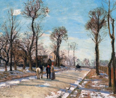 Vägen till Versailles, Louveciennes, vintersol och snö, ca. 1870 av Camille Jacob Pissarro