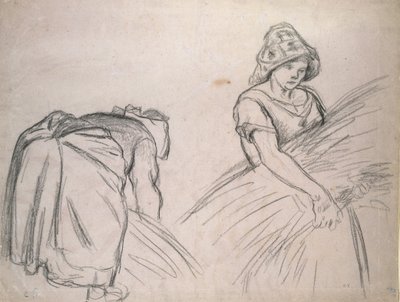 Studie av två kvinnliga skördearbetare, 1882 (svart krita på rosa papper med vitt) av Camille Jacob Pissarro