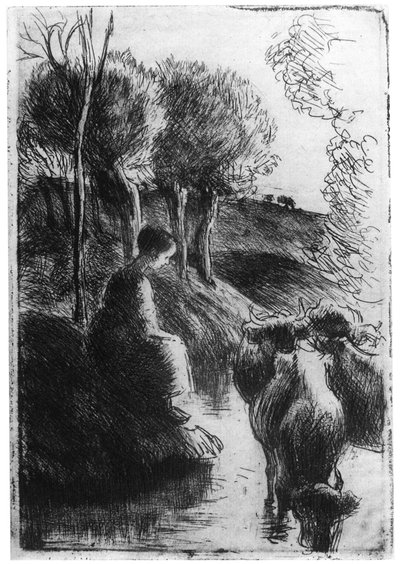Vachere au Bord de Leau, Koherde vid vattnet, c1850-1900 1924 av Camille Jacob Pissarro
