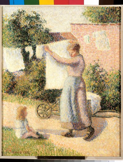 Kvinna sträcker linne Målning av Camille Pissarro (1830-1903) 1887. Dim. 0,41 x 0,32 m Paris, musee d