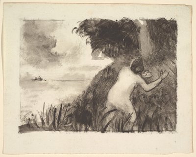Badande som står bland gräs vid stranden, ca. 1894. av Camille Jacob Pissarro