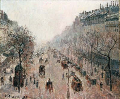 Boulevard Montmartre på en dimmig solig morgon, 1897 av Camille Jacob Pissarro