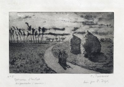 Skymning med höstackar, 1879 av Camille Pissarro