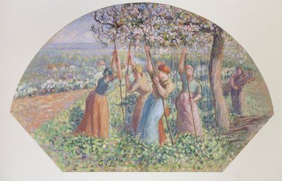 Design för en fläkt: The Pea Stakers, 1890 av Camille Pissarro