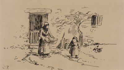 Farm Scene (penna  bläck på papper) av Camille Pissarro