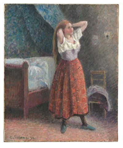 Kvinna som stylar sitt hår av Camille Pissarro