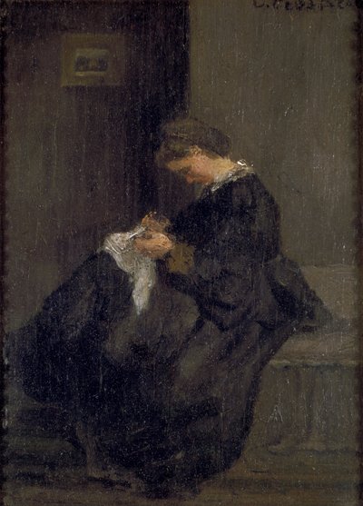 Fru Pissarro sömnad, c1860 av Camille Pissarro