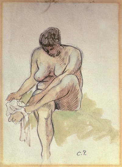 Naken kvinna som torkar vänster fot (penna, tvätt och penna och sepia bläck på papper) av Camille Pissarro