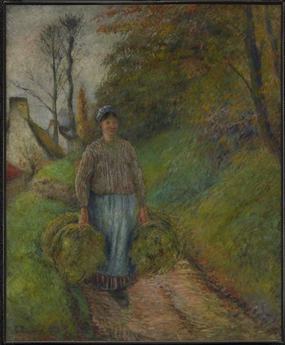 Bondekvinna som bär två höbuntar Redigera detta på Wikidata av Camille Pissarro
