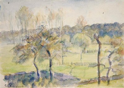 Vår (akvarell över svart krita på papper) av Camille Pissarro