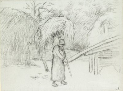Studie av en kvinnlig bonde som bär ett lass hö på gården vid Foucault, c1875 av Camille Pissarro
