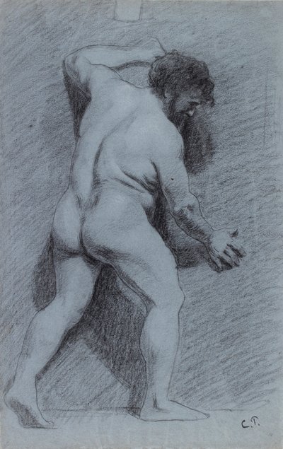 Studie av en manlig naken poserad mot en vägg sett i profil vänd åt höger, 1856-1860 av Camille Pissarro