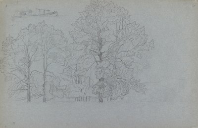 Studie av träd, med en liten studie av en pråm, 1859 av Camille Pissarro