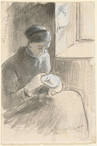 The Mender, ca 1881 (penna  svart bläck, pensel och grå tvätt över grafit förstärkt med vit gouache) av Camille Pissarro