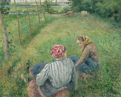 Unga bondflickor vilar på fälten nära Pontoise, 1882. av Camille Pissarro