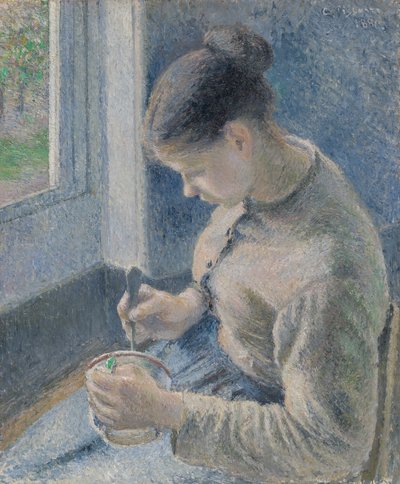 Ung bonde dricker sitt kaffe av Camille Pissarro