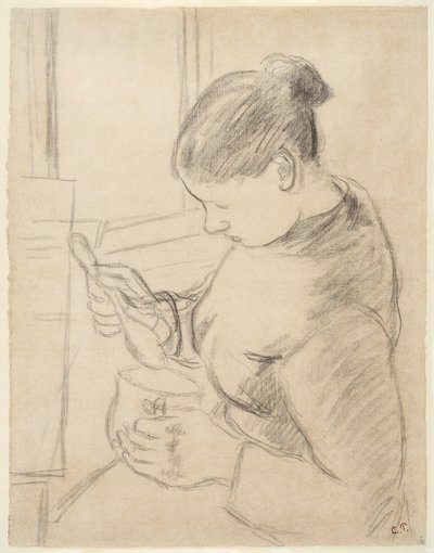Ung bonde dricker sitt kaffe av Camille Pissarro