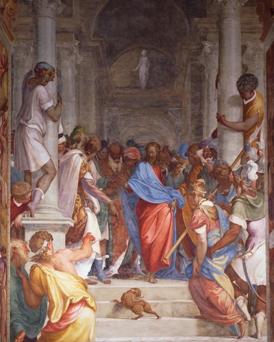 Äktenskapsbryterskan före Kristus, fresk av Camillo Boccaccino (1501-1546) i presbyteriet i kyrkan San Sigismondo, Cremona, Italien av Camillo Boccaccino