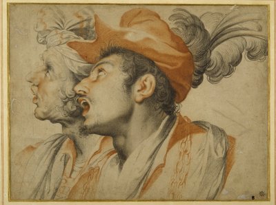 Grotesquerie av två moderikt klädda män som sjunger (svarta och röda krita på vitt papper) av Camillo Procaccini