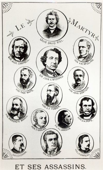 Louis Riel (1844-85) och hans lönnmördare, illustration från Le Gibet de Regina, publicerad 1886 av Canadian School