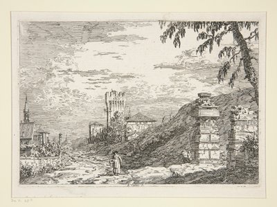 Landskap med torn och två förstörda pelare, från serien Vedute (Views) av Canaletto (Giovanni Antonio Canal)