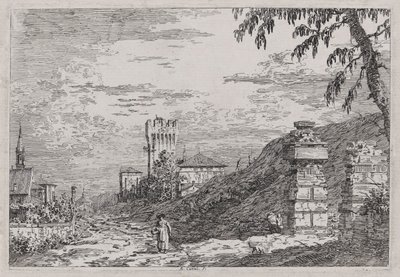 Landskap med torn och två förstörda pelare, från serien Vedute (Views) av Canaletto (Giovanni Antonio Canal)