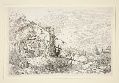 Landskap med en kvinna vid en brunn, från serien Vedute (Views) av Canaletto (Giovanni Antonio Canal)