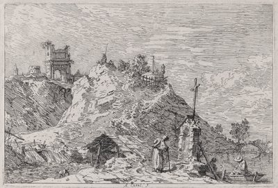 Landskap med pilgrimen vid bönen, från serien Vedute (Views) av Canaletto (Giovanni Antonio Canal)