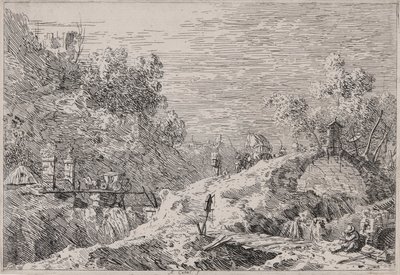 Bergslandskap med fem broar, från serien Vedute (Views) av Canaletto (Giovanni Antonio Canal)