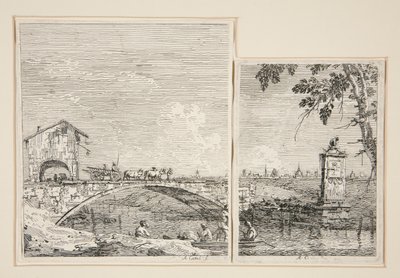 Vagnen som passerar över en bro [och] Det lilla monumentet (under ett träd), från serien Vedute (Views) av Canaletto (Giovanni Antonio Canal)