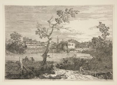 View of a Town on a River Bank, från serien Vedute (Views) av Canaletto (Giovanni Antonio Canal)