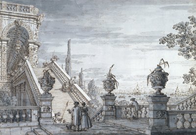 A capriccio with a monumental staircase av Canaletto