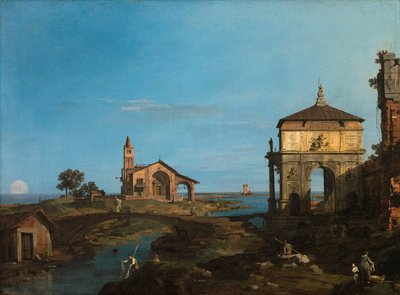 En ö i lagunen med en port och en kyrka av Canaletto