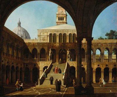 Canaletto - Capriccio Vy över innergården till Palazzo Ducale med Scala dei Giganti Signerad och daterad 1744 av Canaletto