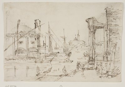 Capriccio med klassiska ruiner på en kaj, ett sjöbod, två galärer, två master på ett segelfartyg bakom dem, en kupolformad kyrka i bakgrunden av Canaletto