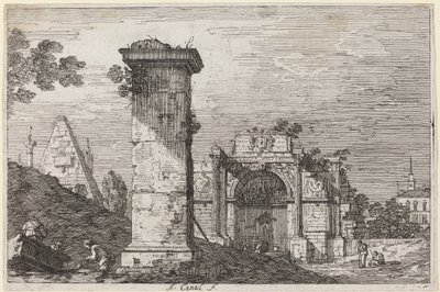 Landskap med ruinerade monument av Canaletto